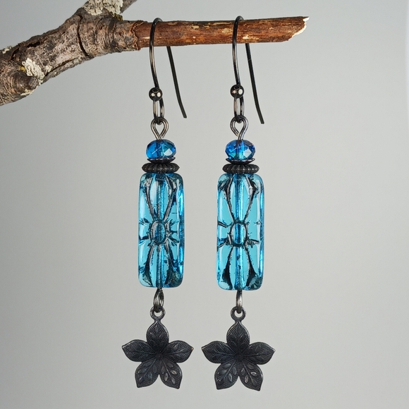 Hand Crafted Jewelry - HAND CRAFTED EARRINGS Blue Czech Glass Black Flower Dangle Drop